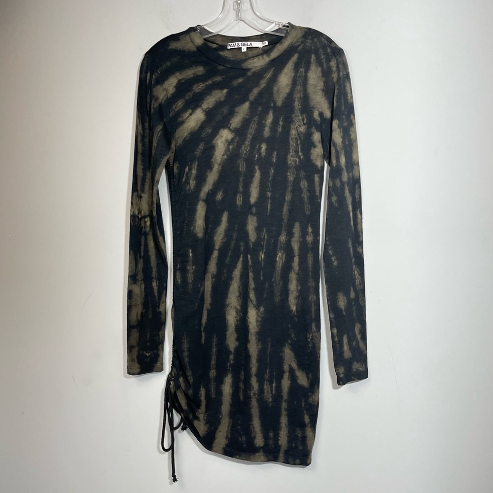 Pam & Gela Revolve Tie Dye Twisted Mini Dress Black Grey Cinch Long Sleeve P XS - Picture 6 of 15